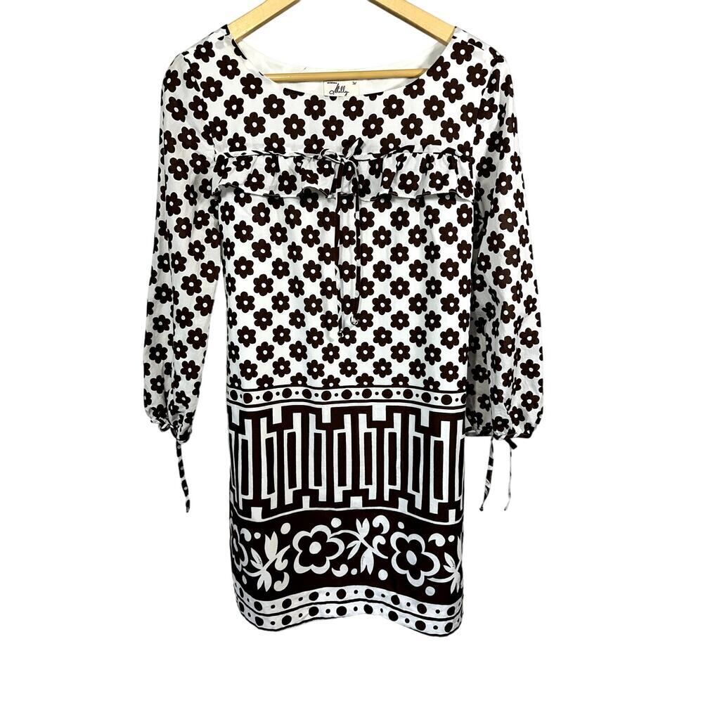 MILLY Women's Ruffle Detail Y2K Floral & Abstract Print Mini Shift Dress Brown 4